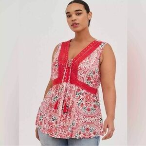 Torrid Babydoll Gauze Crochet Inset Lace-Up Top